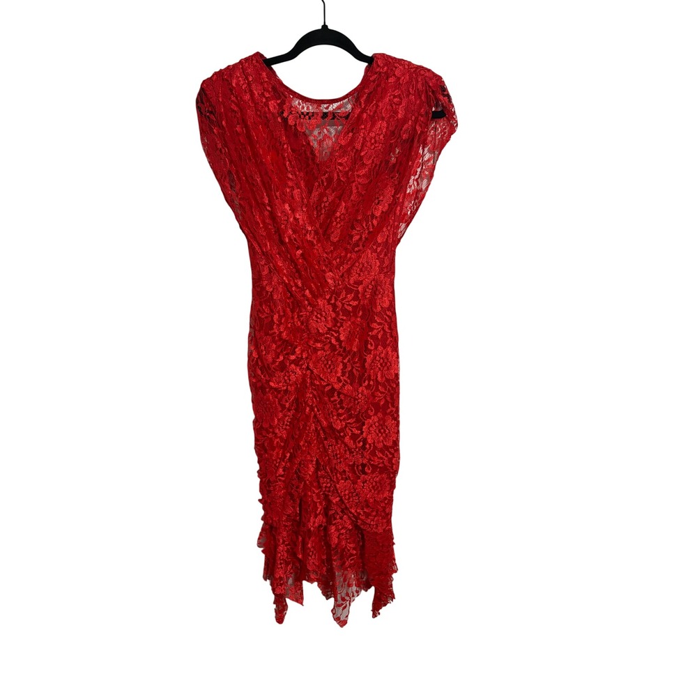 Seneca Cocktail Dress Vintage Red Lace Asymmetrical Ruffle Ruched Romantic